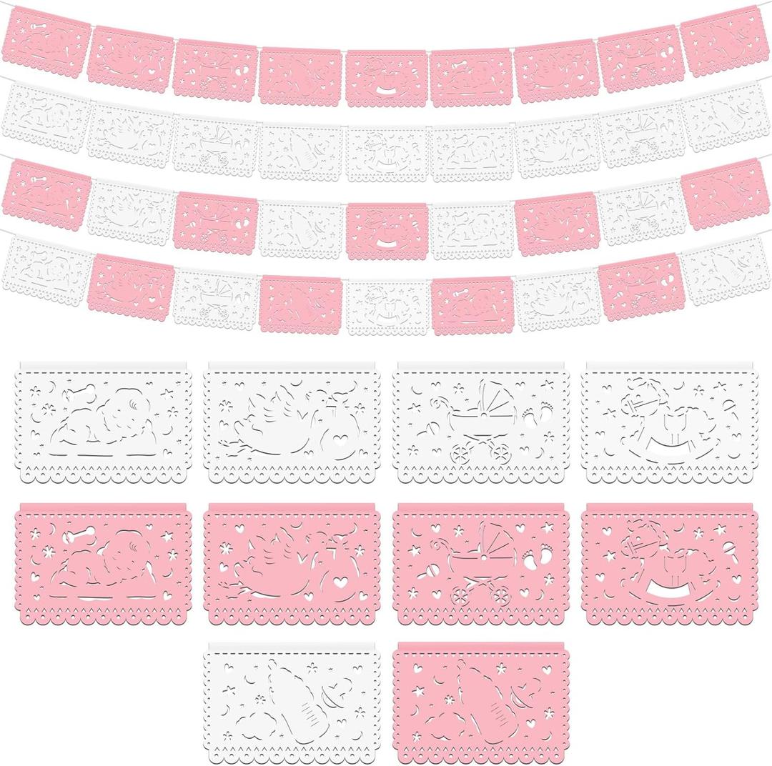 Epakh 5 Pack 60 Feet Papel Picado Baby Shower Party Banners Cielito Lindo Baby Shower Hanging Decorations Fiesta Papel Picado Paper Garland with Rocking Horse Babies Bottle Heart Design (Pink/White)