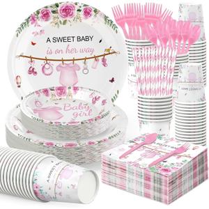 350 Pcs Baby Shower Party Plates and Cups and Napkins Sets, Baby Shower Decorations Girl, 50-Pack Pink & Floral Theme for Girls, 7-Piece Essentials Bundle DisposableTableware Set