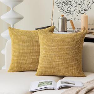 Kevin Textile Pack of 2, Star Faux Linen Decorative Square Throw Pillow Covers Set Cushion Case for Sofa Bedroom Car, 20x20 Inch, Honey Yellow