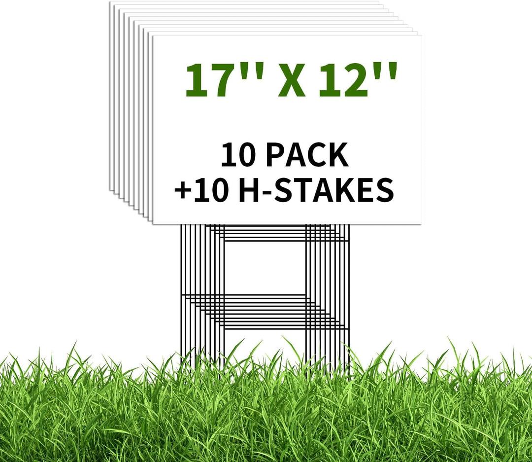 10 Pack 17 x 12 Inches White Corrugated Plastic Sign Boards with Metal H-Stakes Waterproof, Double-Sided for Custom DIY Advertising, Yard Signs, Sales, Parties, and Events