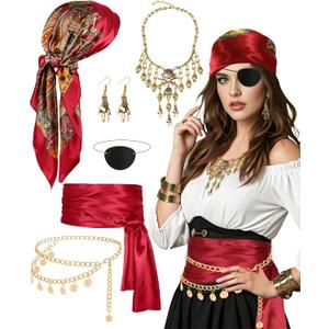 Pirate Costume Accessories Set for Women Men 6pcs Pirate Headscarf Sash Waist Chain Necklace Earrings