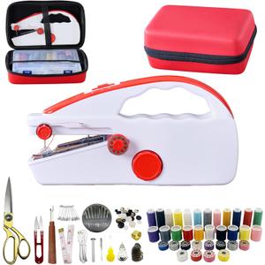 Handheld Sewing Machine Heavy Duty, with Red Leather Storage Case and 110-Piece Sewing Kit, Mini Portable, Ideal for Adults & Beginners, Complete Set of Quick Home Clothing Repair Tools, Good Gift