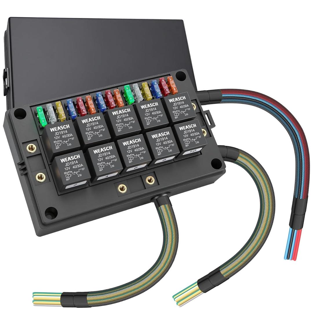 12V Relay Box 15 Way Fuse Relay Box, with Pre-Wired, 10 Relays and 15 ATC/ATO Blade Fuses, 5 Pin Relay Block and Kit, for Automotive Car Marine Truck Boat