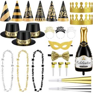 New Years Eve Party Supplies 2026 Glitter New Years Photo Booth Props Gold Black Party Supplies Large Headband Hats Horns New-Years Accessories