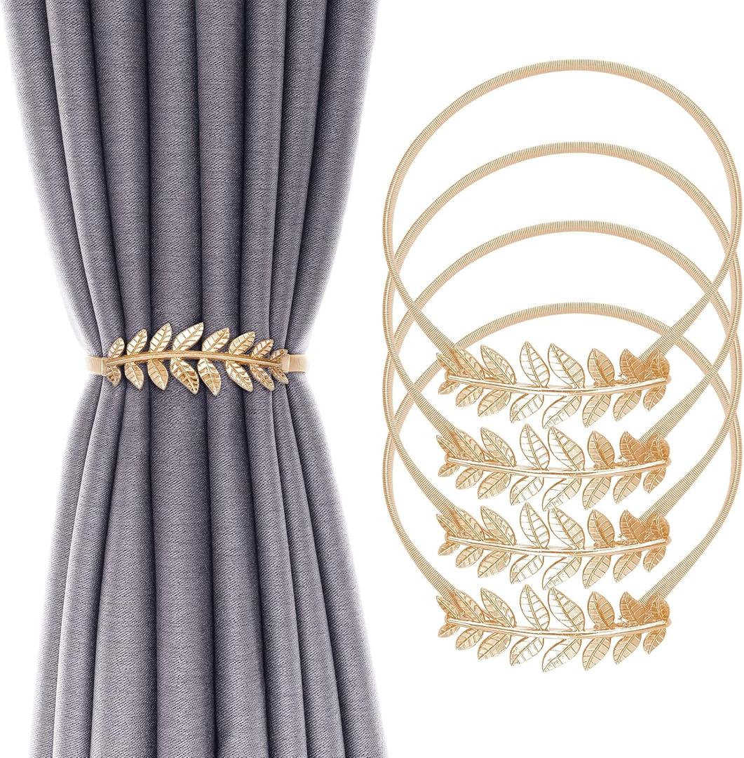 1 Pack Curtain Tiebacks Aluminum Alloy Spring Design Curtain Holdback Leaf Carving Design Curtain Ties for Drapes Curtain Ties Backs Curtain Modern Style Curtain Holdback Decor(Gold Leaf)