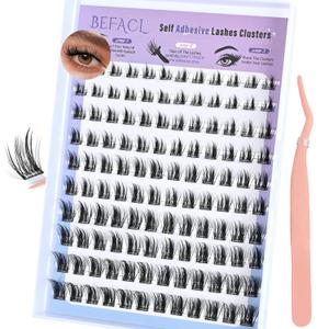 Self Adhesive Eyelash Clusters Press on Lash Clusters Pre glued Lashes Wispy Lash Extensions No Glue Needed Manga Lashes Clusters Natural Cluster Eyelash Extensions Kit with Tweezers (8-18mm,C Curl)
