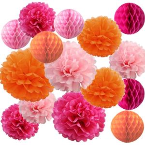 15PCS Hot Pink Orange Party Decorations Tissue Paper Flowers Pom Poms Honeycomb for Girl Groovy Birthday Baby Shower Wedding Bachelorette Summer Flamingo Party Nursery Wall Hanging Dcor (12")