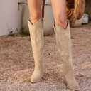 ISNOM Women's Cowgirl Boots Pull On Knee High Boots, Cowboy Western Embroidered Chunky Block Heel Pointed Toes Boots, US 7
