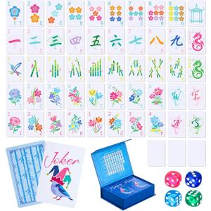 Soulchen 168 Pcs Mahjong Playing Cards American Style Blossom Numbered Large Print PVC Poker Mahjong Tiles with 4 Dices 2 Storage Box for Travel Home, Portable Gift(Floral,Blue)