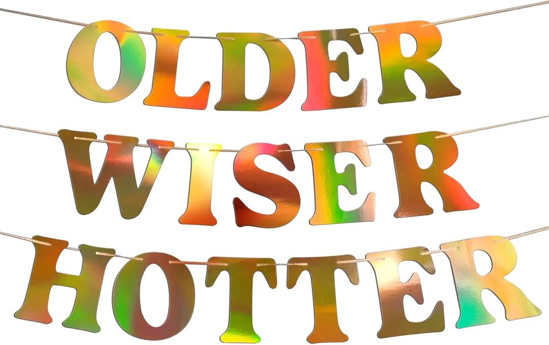 HOUSE OF PARTY Older Wiser Hotter Happy Birthday Banner  Funny & Sassy Birthday Party Decorations for Adults | Holo Gold Glitter Birthday Sign for Women Men, Bday Party Supplies