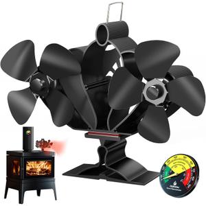 Wood Stove Fan, Fireplace Fan with Magnetic Thermometer & Bracket, 8 Blades Heat Powered Fan, Silent Motors, Horizontal Air Flow for Wood/Pellet Fireplaces (Black-Fan+Thermometer)