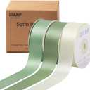 QIANF Sage Green Double Face Satin Ribbon 1 Inch x 45 Yards Moss Green Cream Fabric Ribbon for Gift Wrapping, Flower Bouquets Bows Making, Wedding Decoration, Invitations, Christmas (3 Rolls *15Yd)