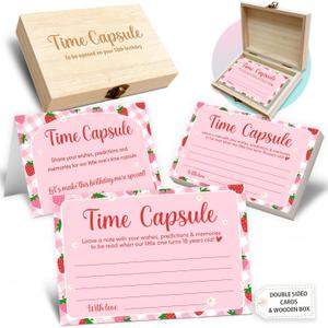 Time Capsule Box 1st Birthday, Baby Time Capsule Box for First Birthday Party Games, Set of 50 Wishes Card Gifts Keepaske Decorations for Baby(Cute Strawberries) -A03 (Pink)