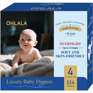 OHLALA Luxury Diapers Size 4 Skin-Friendly & Leakproof | Hypoallergenic | Fragrance-Free | Lightweight | 4 Pack 224counts | 22-37 lbs