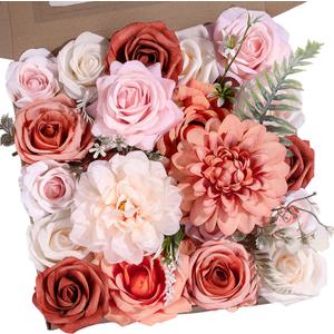 Terracotta Artificial Flowers Burnt Orange Flowers Combo Box Set with Fake Dahlias Roses Peonies Greenery for Wedding Bouquets Bridal Shower Centerpieces DIY Home Decor Baby Shower Thanksgiving Table