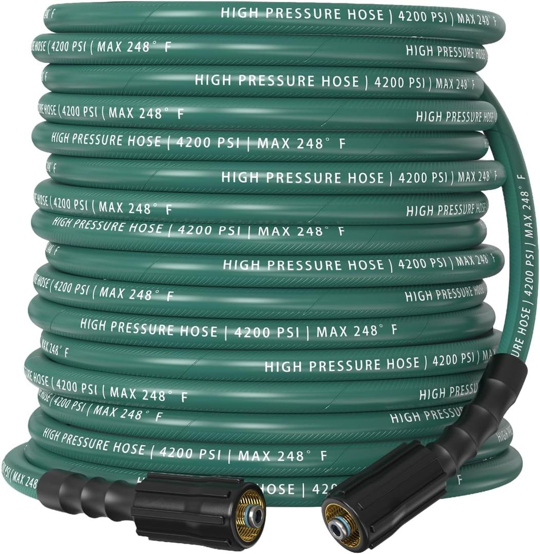 Pressure Washer Hose 50 ft, 4200 PSI Steel-Braided & Durable - Flexible & Kink-Resistant, Power Washer Hose with M22-14mm Stainless Steel Swivel Plug, Hot/Cold Water Compatible - Green
