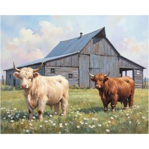 Farm Animal Paint by Numbers Kit for Adults - DIY Highland Cows with Barn Painting on Canvas, Acrylic Paint Set, Suitable for Beginners, Rustic Art for Home Decoration or Gifts(8X12IN Framed)