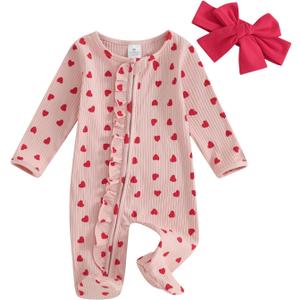 Ayalinggo Valentines Baby Girl Outfit Bowknot Heart Footie Romper Long Sleeve Onesie Newborn Christmas Easter Clothes (3-6 Months)