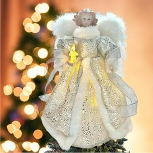 Angel Tree Topper with LED Light, 14" Angel Treetop Figurine with Dress, Feather Wings, and 10 Lights for Indoor and Outdoor Holiday Decoration, Xmas Home Ornaments-Silver