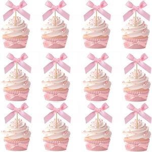 24pcs Bow Cupcake Toppers - Girls Pink Bow Cake Picks Party Decorations Coquette Themed Bowknot Ribbon Cake Topper for 1st birthday Bridal Wedding Party Christmas