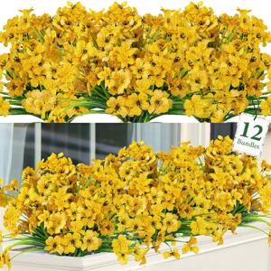 Ouddy Decor 12 Bundles Artificial Flowers for Decorations Fake Silk Plants for Outdoors UV Resistant Faux Plastic Greenery Stems for Garden Porch Window Box Home Spring Decor, Yellow