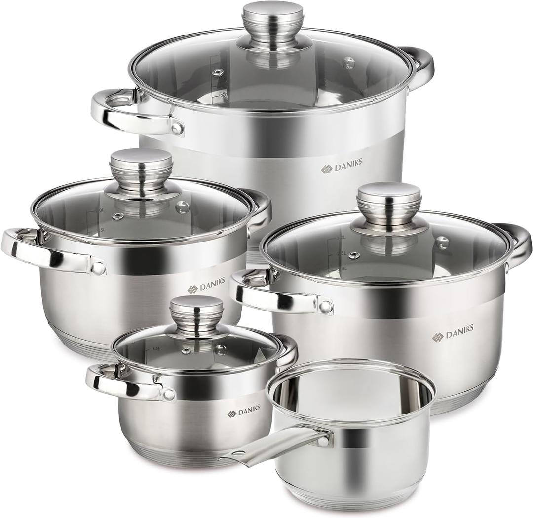 Daniks Standard 9-Piece Stainless Steel Induction Cookware Set, Saucepan, Dishwasher Safe Pots, Measuring Scale, Glass Lids, For Soup, Pasta, Stew, Silver (9 Pieces Set)