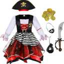 Girl Pirate Costume Buccaneer Princess Costume Halloween Party Dress Up (Red, L)