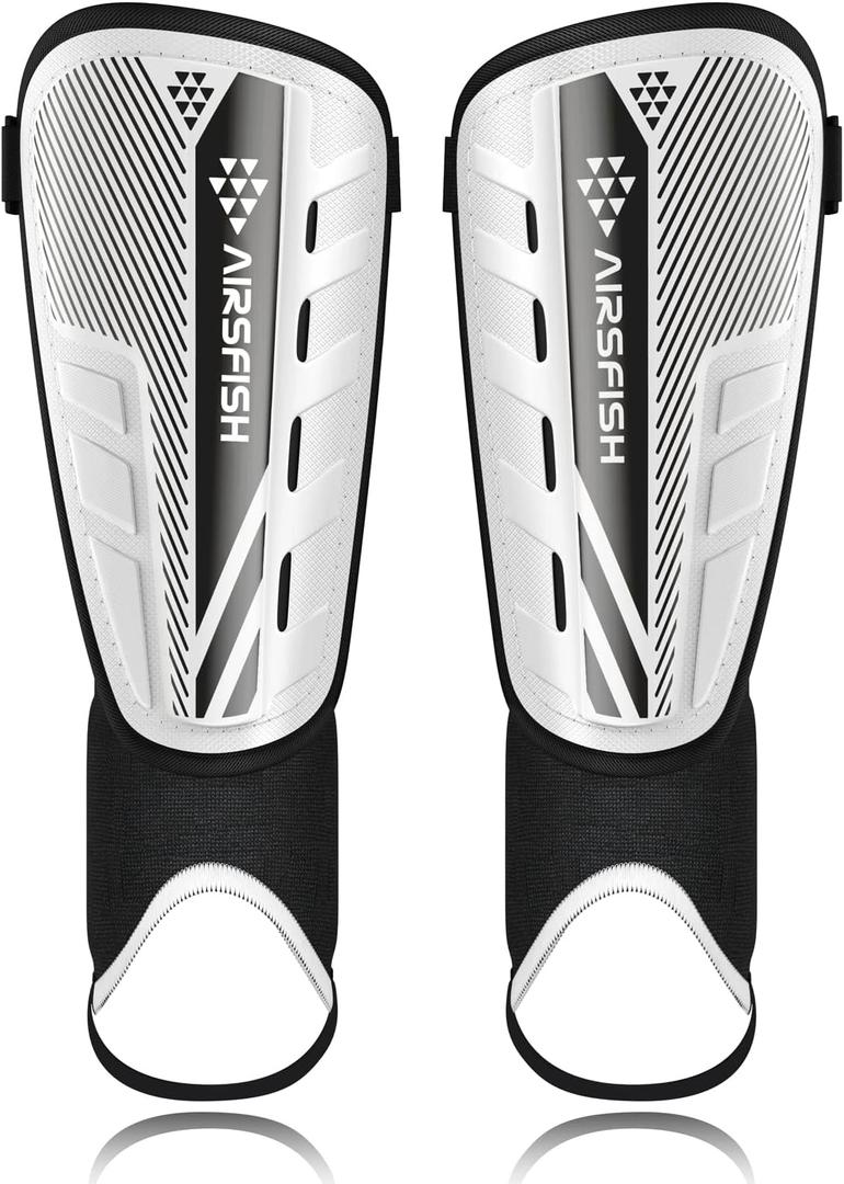 Upgraded Soccer Shin Guards for Kids Youth Adults, CE Certified AirsFish Shin Guard Sleeves Protection Gear for Boys Girls Soccer Games EVA Cushion Reduce Shocks and Injuries (X-Small, White+Black)