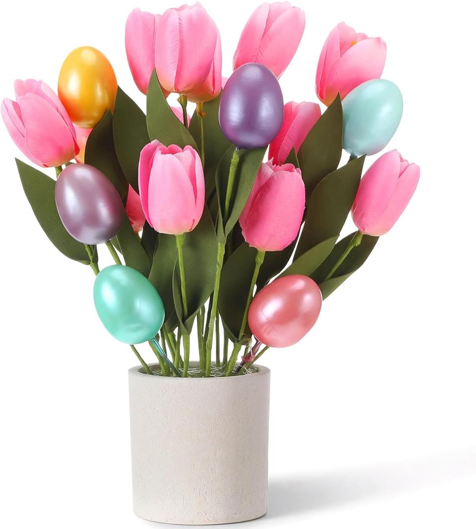 Canlierr Easter Decoration Artificial Easter Tulip and Egg in Pot 12" Tall Potted Spring Tulip Flower Decor for Table Centerpiece Mantel Party Gift(Pink)