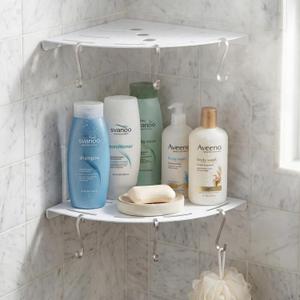 2 Pack Corner Shower Shelves, 304 Stainless Steel Corner Shelf Bathroom with 6 Hooks 40 lbs Heavy Duty, Durable for Inside Shower Brushed Nickel Drilling InstallationWhite