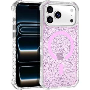 for iPhone 17 Pro Max Case, Compatible with MagSafe, Clear Bling Sparkly Shockproof Slim Anti-Slip Military Drop Protection Hard Phone Case, Glitter Purple