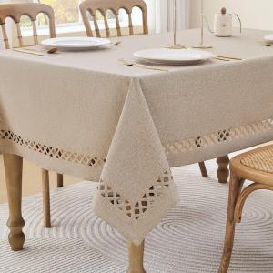Farmhouse Linen Textured Tablecloth Lattice Cutwork Waterproof & Stain Resistant Table Cloth Rectangle Tables Wrinkle Free Table Covers for Dining Room and Outdoor Party, 55 x 102 Inchs, Coffee