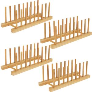 4 Pack Bamboo Wooden Dish Drying Rack, Plate Organizer for Cabinet, Plate Rack Pot Lid Holder for Dishs, Bowls, Cups, Cutting Boards and Books, Kitchen Cabinet Organizer
