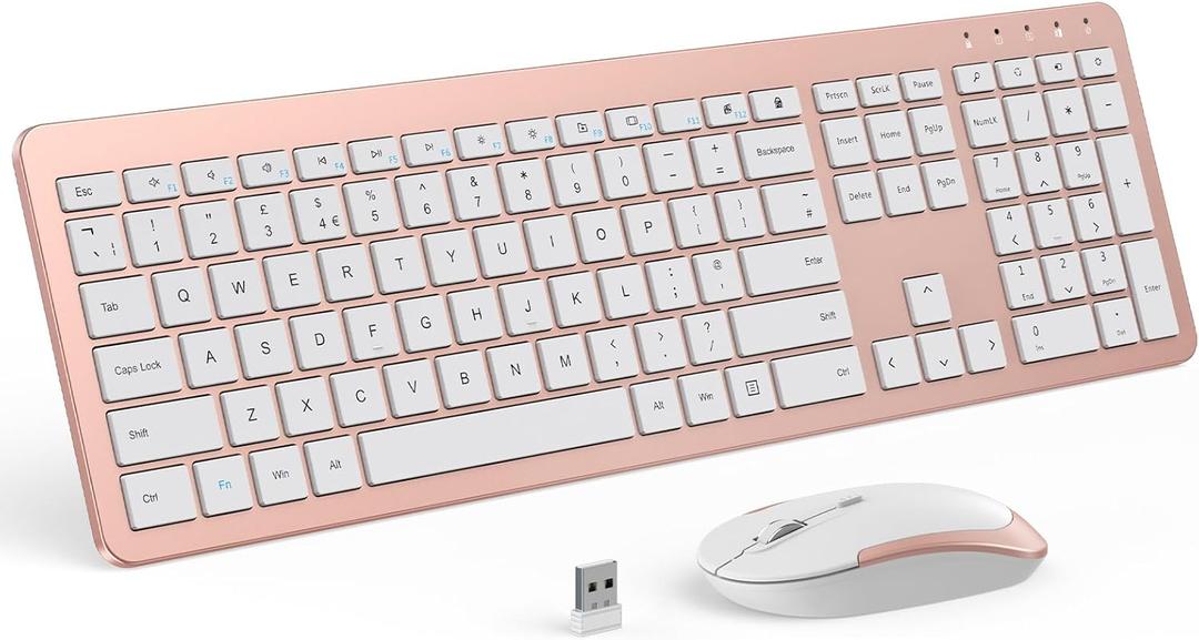 Wireless Keyboard and Mouse Combo, Full Size Slim Thin Cordless Keyboard Mouse with Numeric Keypad, Quiet Computer Keyboard Mice Set 2.4G Stable Connection Adjustable DPI (Rose Gold)