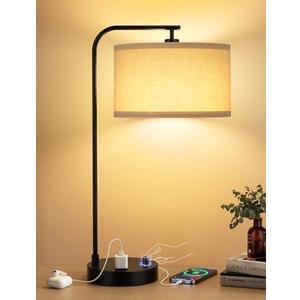 Tall Table Lamp with USB Port and Outlet, Dimmable Nightstand Bedside Lamps with Linen Lampshade, Desk Lamp for Bedroom, Living Room, Guest Room, Home Office, LED Bulb Included, Black
