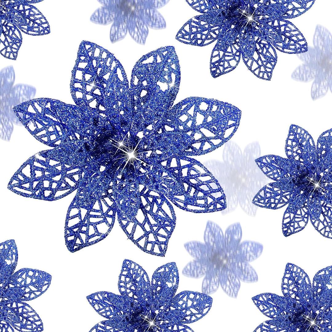 WILLBOND 36 Pieces Christmas Poinsettia Flowers Artificial Ornaments Glitter Christmas Decorations Tree Wedding New Year(Navy Blue)