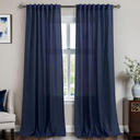 Mrs.Naturall Navy Blue Linen Curtains 34x95  Inches Long for Living Room 2 Panel Rod Pocket Bedroom Drapes Light Filtering Semi Sheer Dark Blue Indigo Colored Curtain for Patio Sliding Door