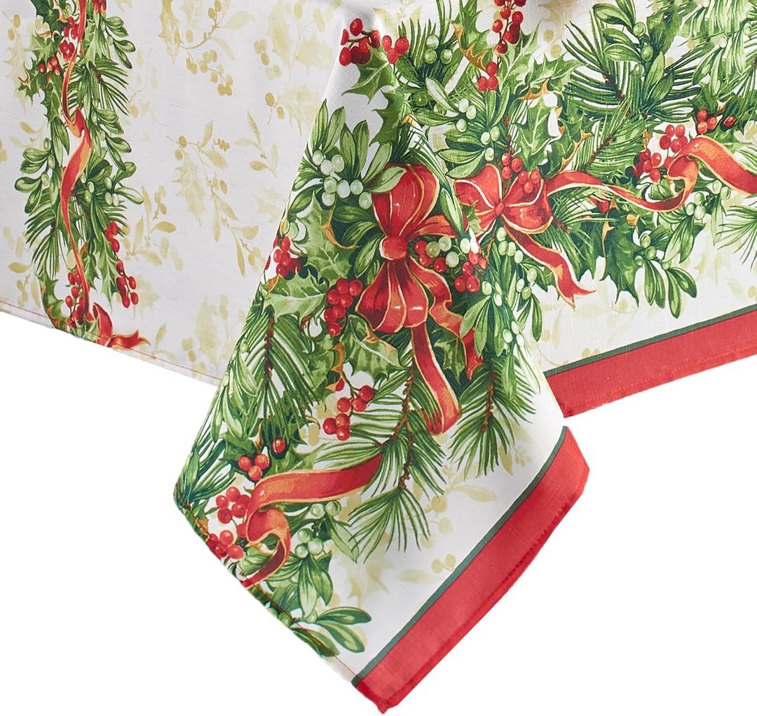 Elrene Home Fashions Holly Traditions Fabric Wrinkle Resistant Holiday Tablecloth, 60" x 144", Oblong, Multi