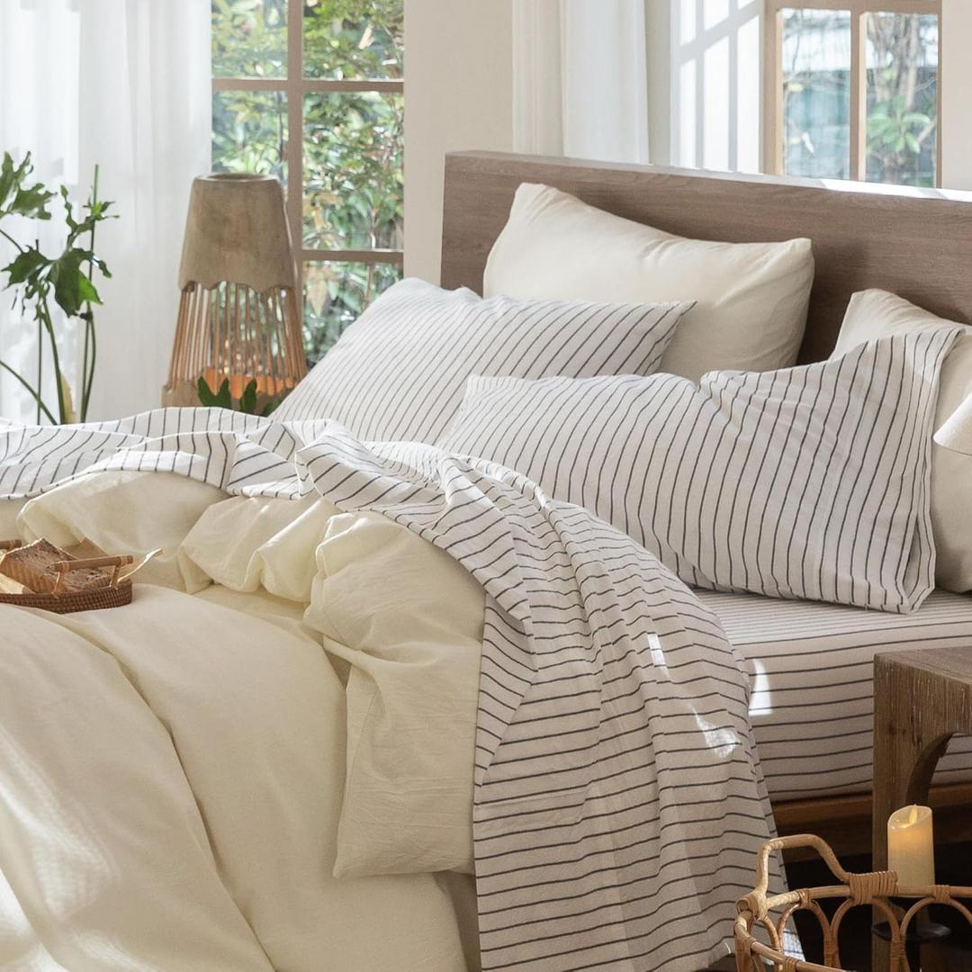 MooMee Striped Sheet Set 100% Washed Cotton Linen Like Textured Breathable Durable Soft Comfy (White Dark Grey Wide Stripes, Queen)