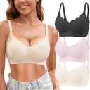 Womens Seamless T-Shirt Bras 3 Pack Wireless Comfy Jelly Bra, Full Coverage Bralette No Show Under Clothes (Medium, Black+white+pink)