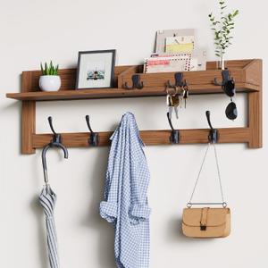 Coat Rack Wall Mount with Shelf, Wooden Entryway Wall Mounted Hanging Coat Hanger with 5 Hooks and 3 Key Hook for Bedroom, Wood 24 Inch Clothes Racks with Shelves, Key Holder, Mail Storage Organizer (Brown)