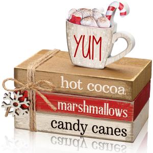 4 Pcs Christmas Table Decorations Winter Snowflake Tiered Tray Decorations Decorative Mini Wooden Books Subject Signs Block Centerpiece for Office Tabletop Shelf Housewarming Gifts