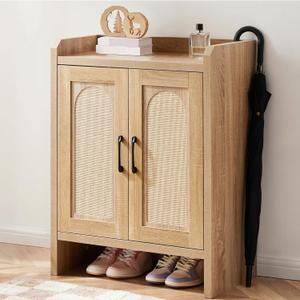 Shoe Cabinet Storage for Entryway, Natural Rattan Shoe Storage Cabinet, Wooden Shoe Rack Cabinet, Farmhouse Boho Wood Shoe Organizer Cabinet for Hallway (14.96"D x 26.77"W x 34.69"H)