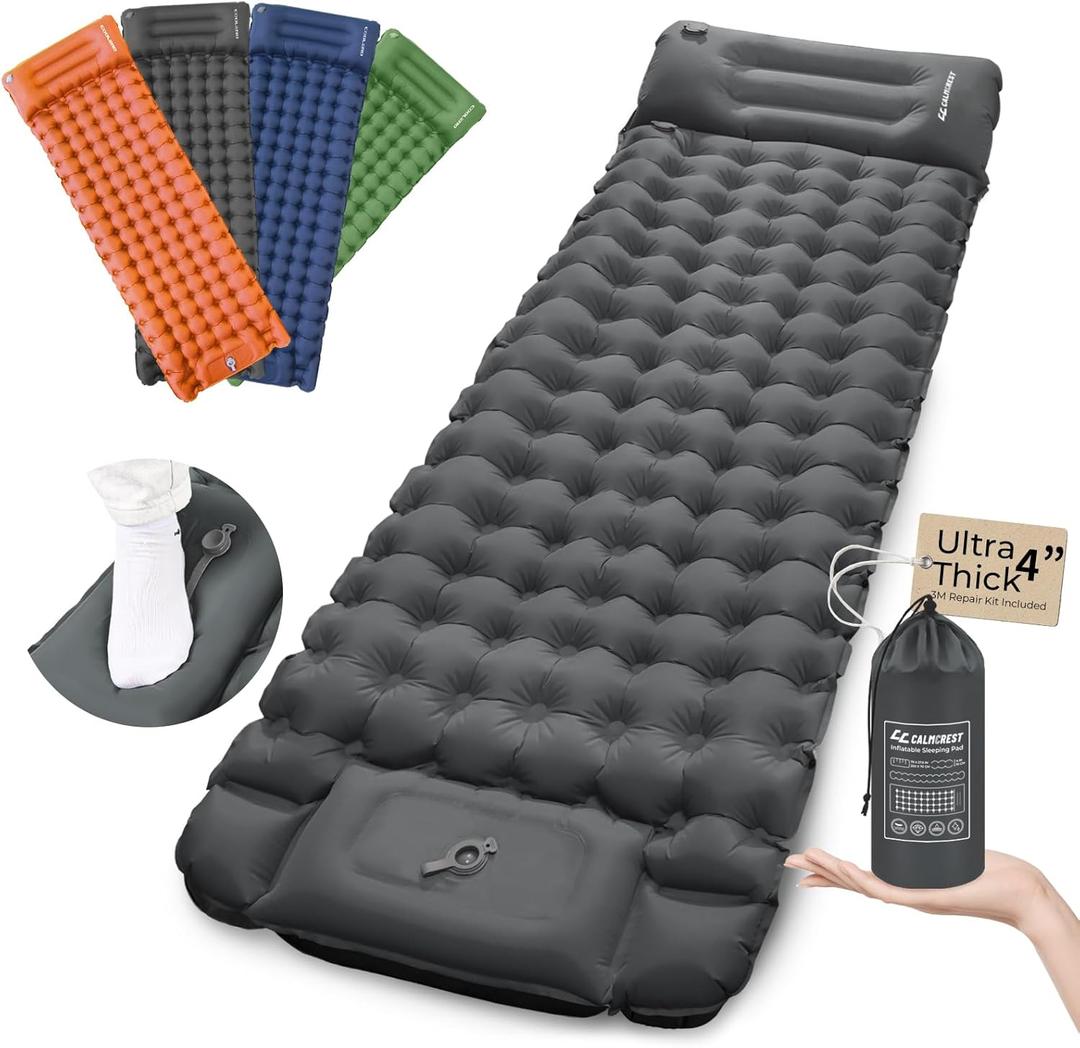 Sleeping Pad for Camping, 4in Thickness Inflatable Sleeping Mat with Adjustable Pillow & Built-in Foot Pump,Lightweight Camping Air Mattress with Waterproof Nylon for Hiking (Grey, Single) (Twin)