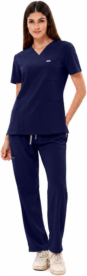Women's Ultra-Light Medical Scrub Set-130GSM Summer Cooling Fabric-4-Way Stretch, Cargo Pants & V-Neck Top-6-Pocket, Size: XX-Large