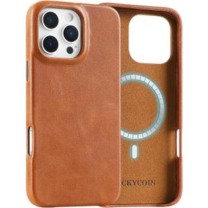LUCKYCOIN Genuine Leather Phone Case for iPhone 16 Pro Max 6.9 in, Compatible with Magsafe, Leather Basic Cases Cover with Wireless Charging Metal Buttons, Slim Fit Slip Shockproof Protective - TAN (Brown)