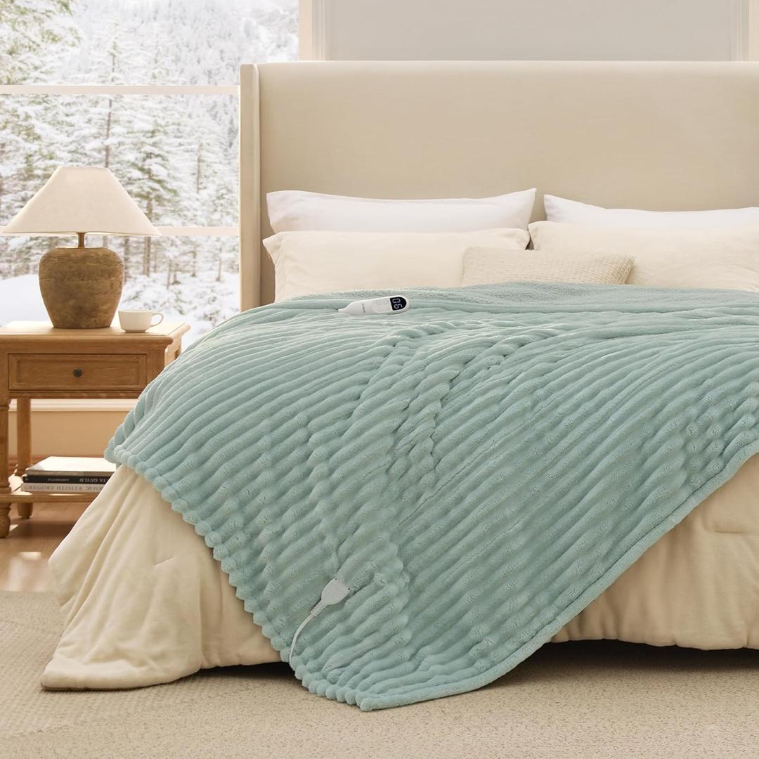 Bedsure Electric Blanket Twin  Thick Striped Flannel Electric Blanket, Heating with 10 Time Settings, 6 Heat Settings, and 8Hour Timer Auto Shut Off, Gifts for Grandma (62x84 inches, Green)
