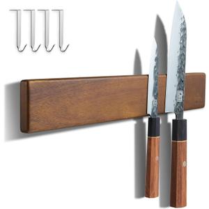 ENOKING 16 Inch Strong Magnetic Knife Holder for Wall, Solid Acacia Wood Knife Bar with 4 Hooks, 3-Way Installation: No-Drill Wall Mount, Screw Mount, & Refrigerator Slip-Proof Magnet Strip