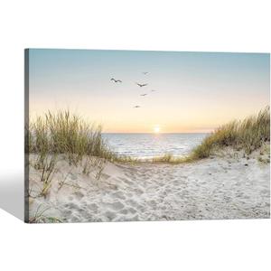 Beach Wall Art Canvas Bathroom: Coastal Sunset Ocean Print Artwork Modern Sea Scene Seascape Picture Seaside Landscape Seashore Painting for Living Room Bedroom Office Decor, 24"L x 16"W