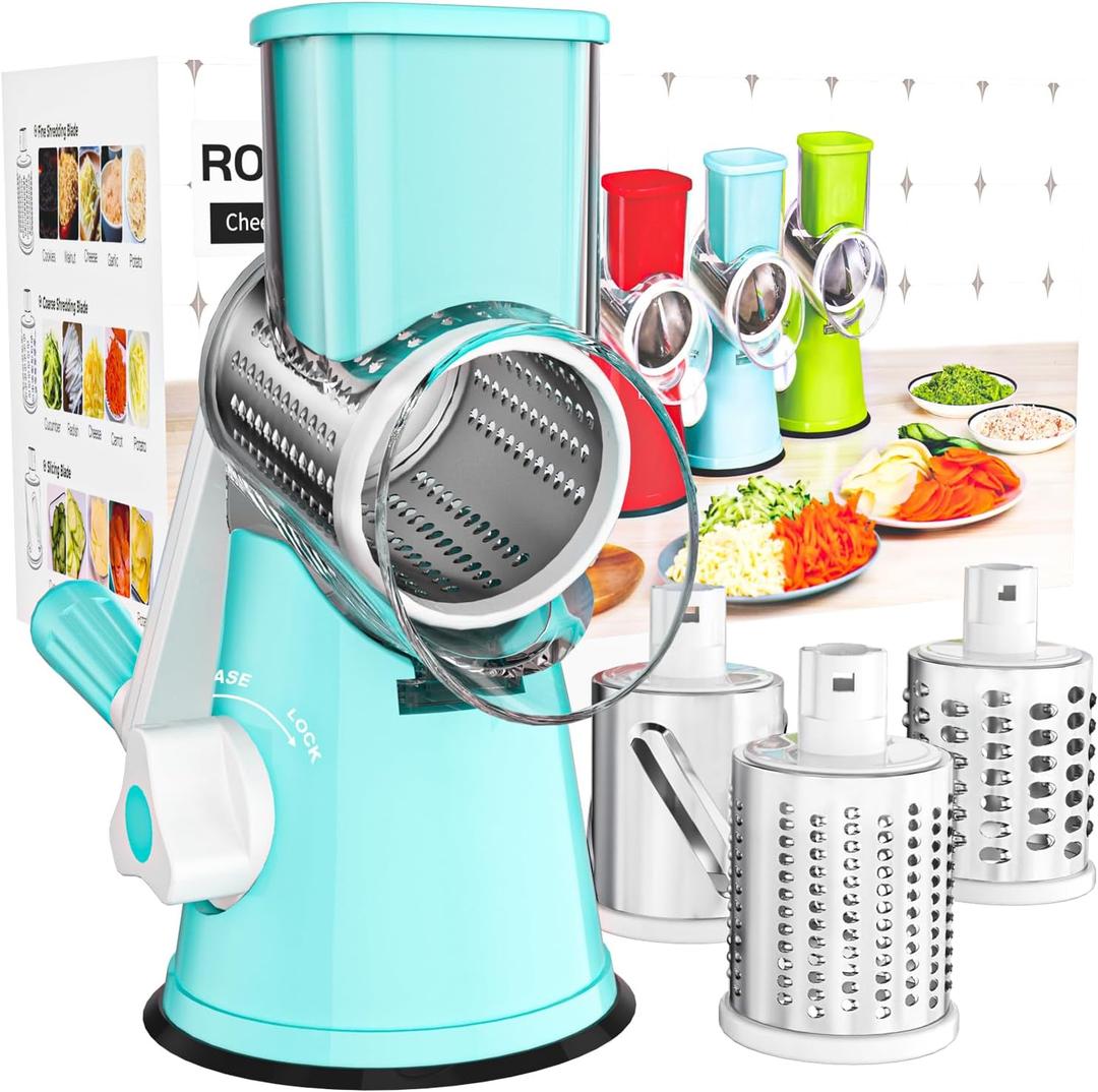 Cambom Rotary Cheese Grater Hand Crank Cheese Shredder for Fresh Cheese, Vegetable, Nuts,Non-slip Suction Base，Three Blades,Blue